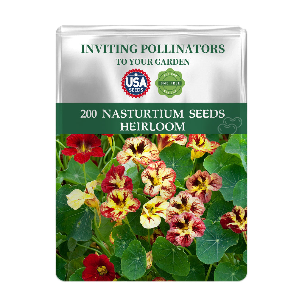 Seeds packet for Indian Cress Nasturtium Seeds with colorful flowers on a white background