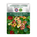 Seeds packet for Indian Cress Nasturtium Seeds with colorful flowers on a white background