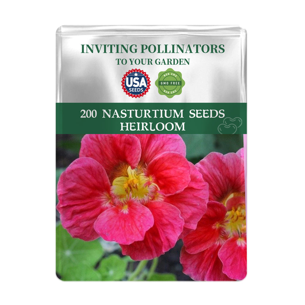 Seeds packet for Indian Cress Nasturtium Seeds Red with pink flowers on a white background