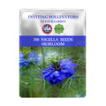 Seeds packet with blue Love-In-A-Mist Nigella Seeds flowers and branding on a white background