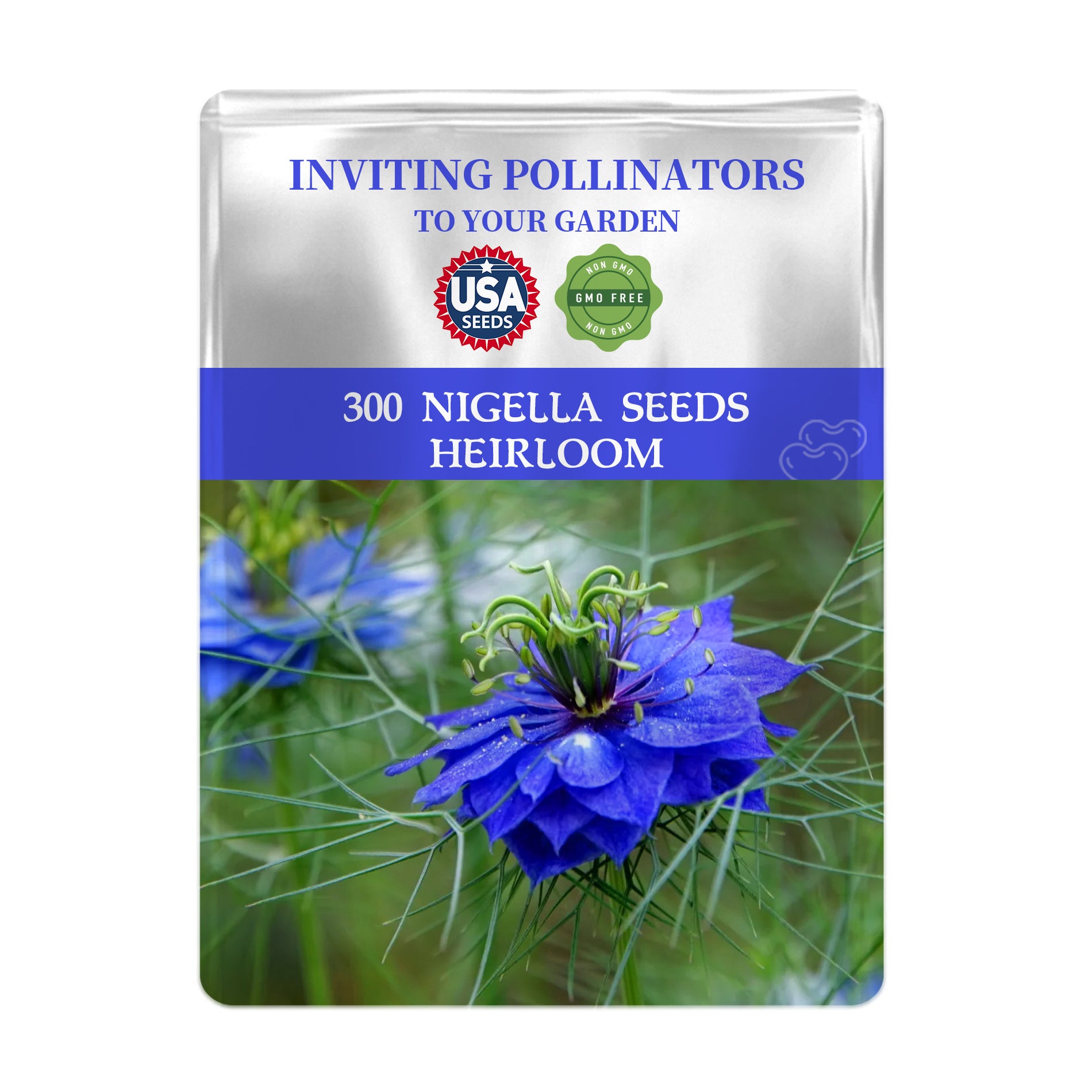 Seeds packet with blue Love-In-A-Mist Nigella Seeds flowers and branding on a white background