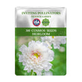 Package of Mexican Aster Cosmos Seeds with a white flower on a green background