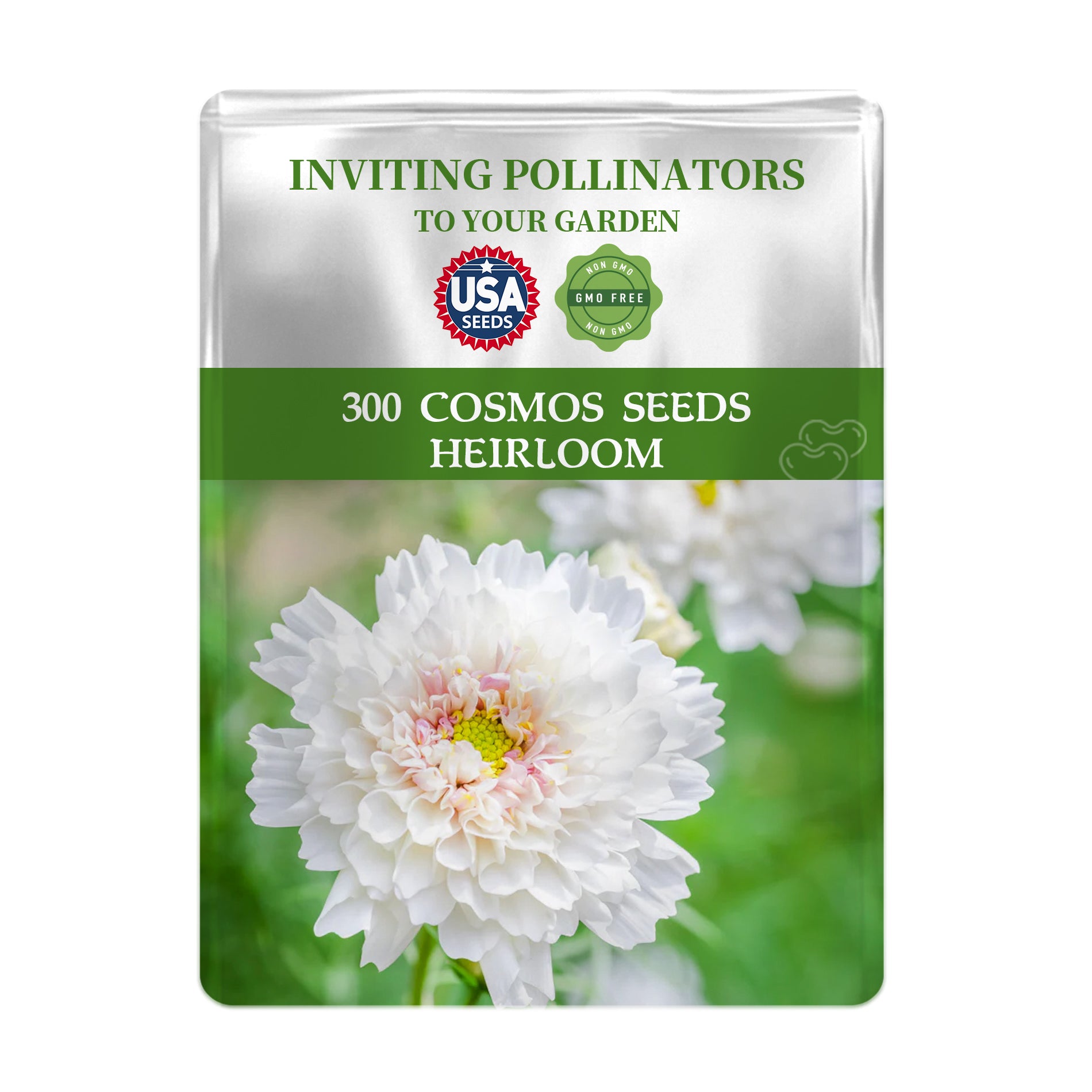 Package of Mexican Aster Cosmos Seeds with a white flower on a green background