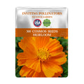 Package of Mexican Aster Cosmos Seeds with an orange flower on a white background
