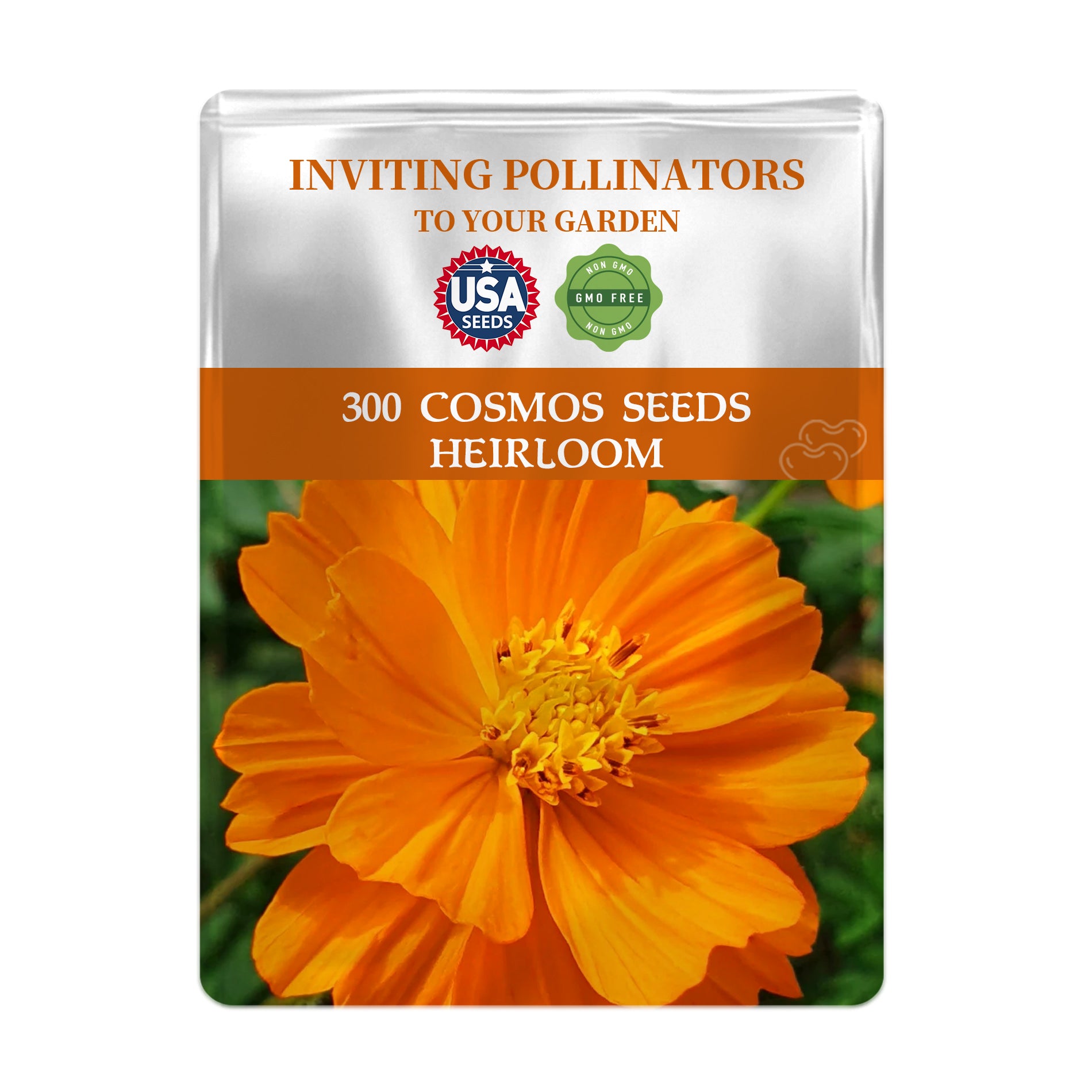 Package of Mexican Aster Cosmos Seeds with an orange flower on a white background
