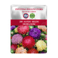 Seeds packet for 200 Mix Tall China Aster Seeds with colorful flowers on a white background