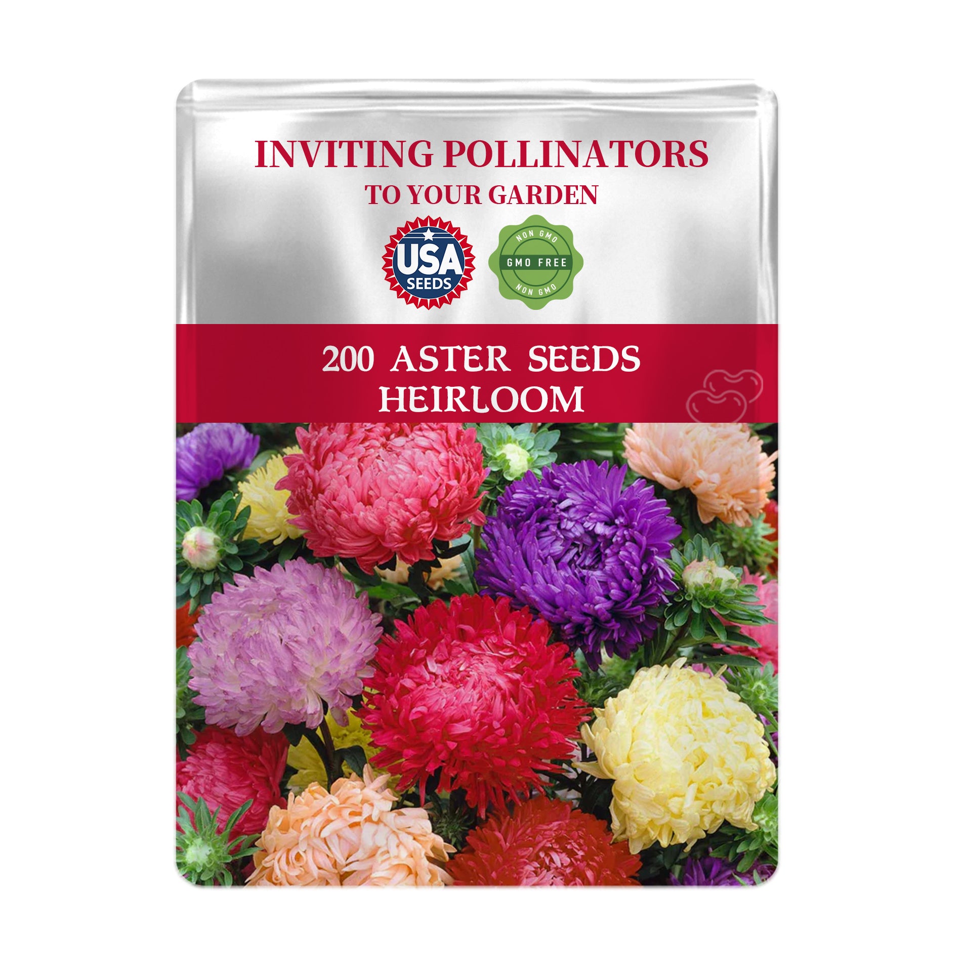 Seeds packet for 200 Mix Tall China Aster Seeds with colorful flowers on a white background
