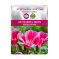 Seed packet for Mountain Garland Clarkia Seeds with pink flowers on a white background