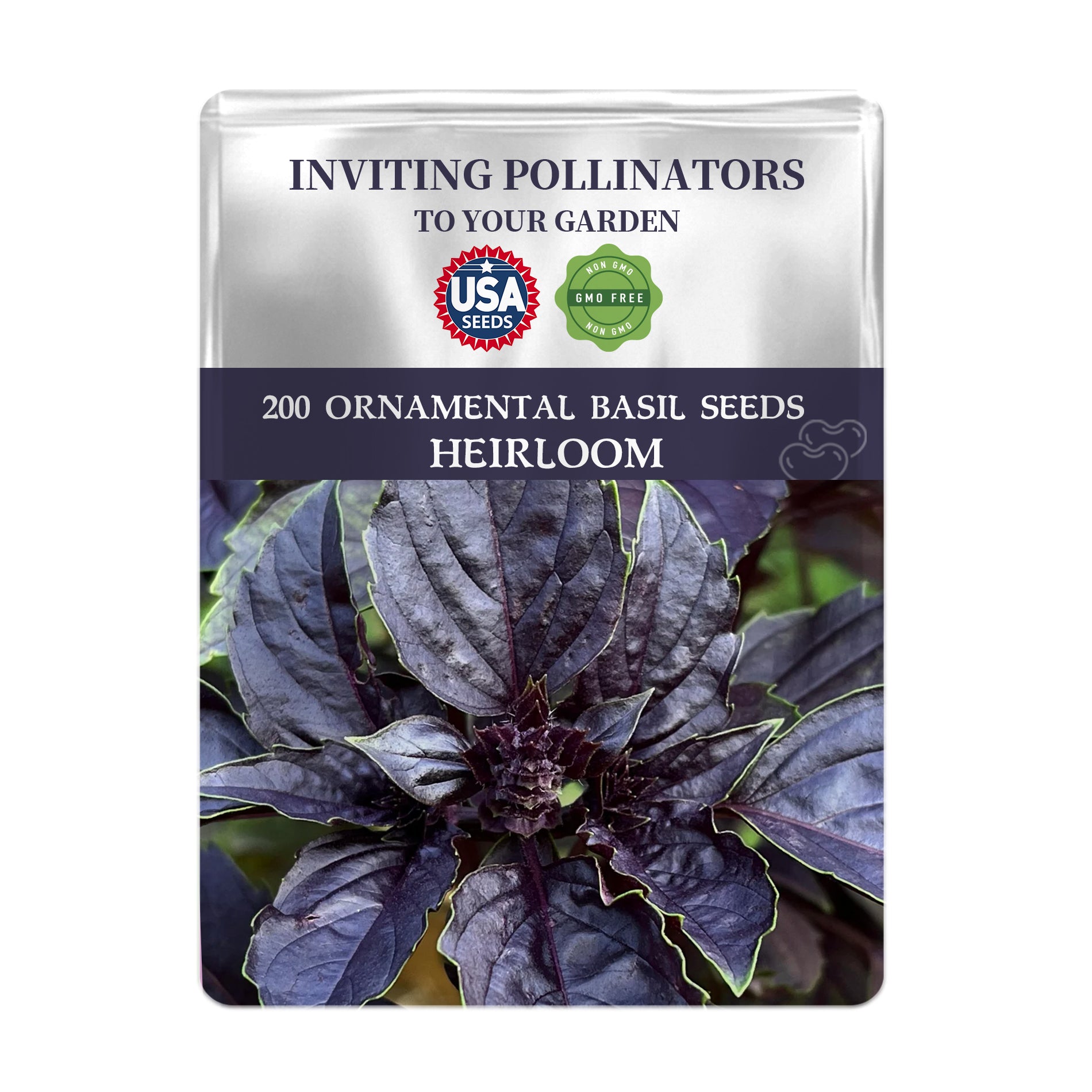 Seeds packet for Ornamental Basil Seeds with purple leaves on a white background