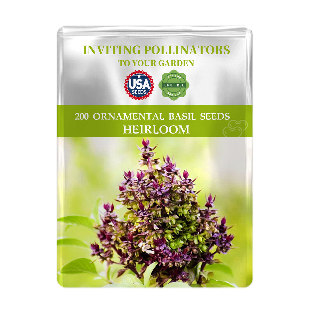 Seeds packet for Ornamental Basil Seeds with USA Seeds branding on a white background