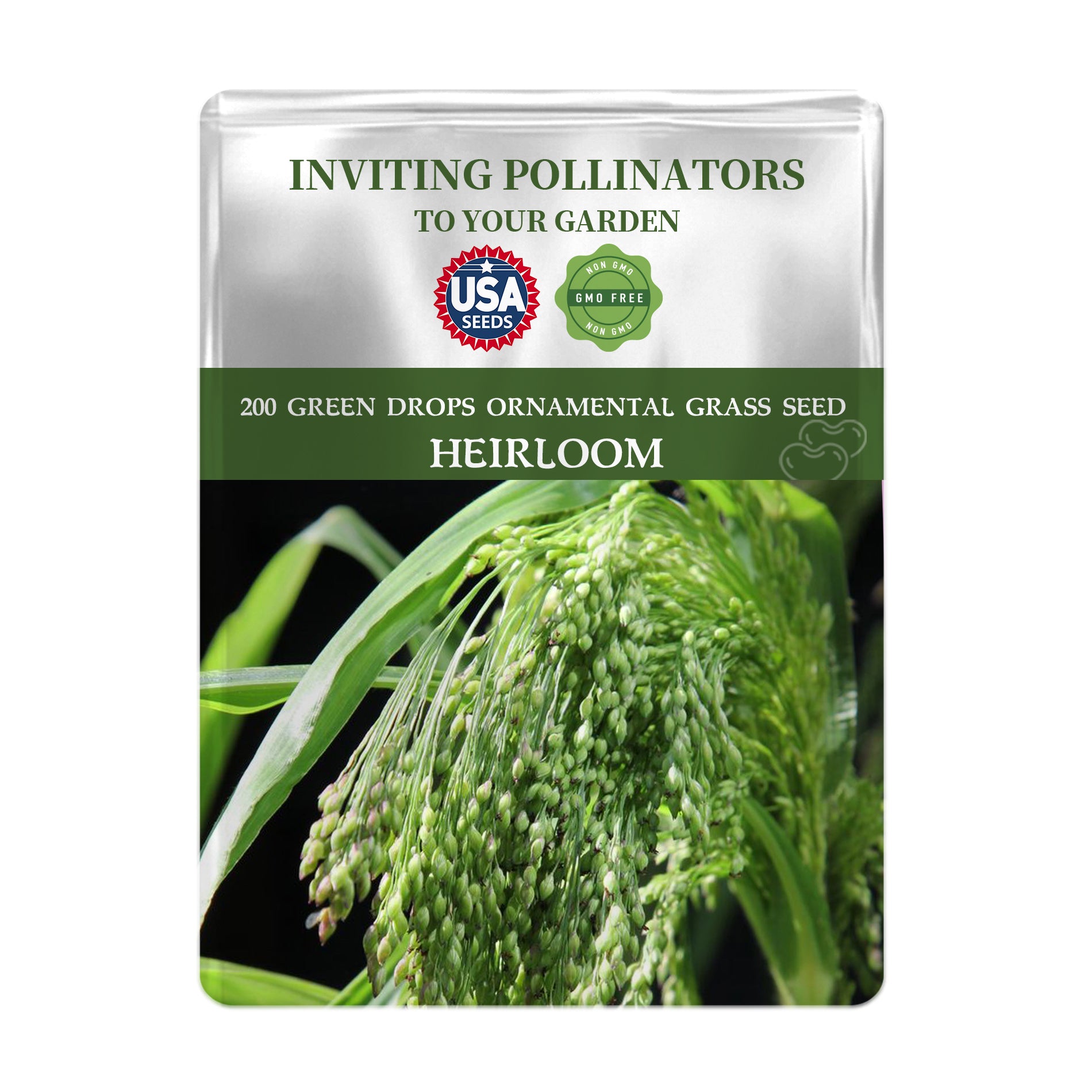 Seed packet for Green Drops Ornamental Grass with USA Seeds branding on a white background