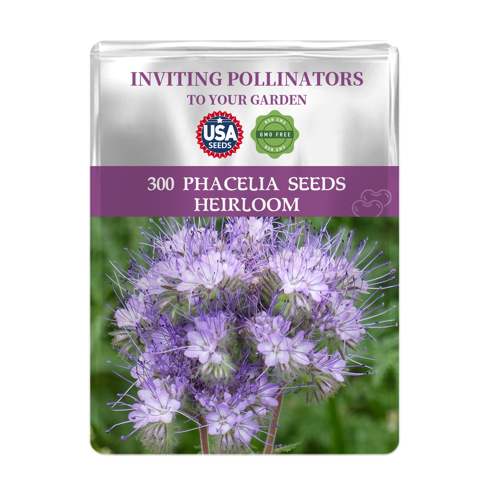 Seeds packet for Phacelia seeds with a purple label and USA Seeds logo.
