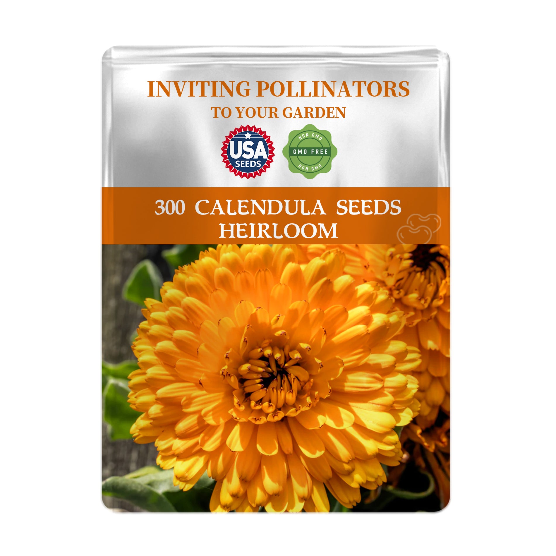 Pot Marigold Calendula Seeds packet for calendula seeds with a yellow flower image on a white background