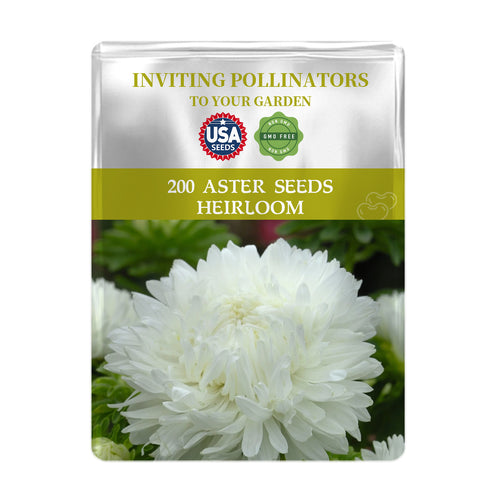 Seeds packet for 200 Professional Cut Variety Aster Seeds with a white flower on a white background