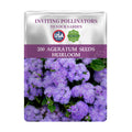 Package of Ageratum seeds with purple flowers on a white background