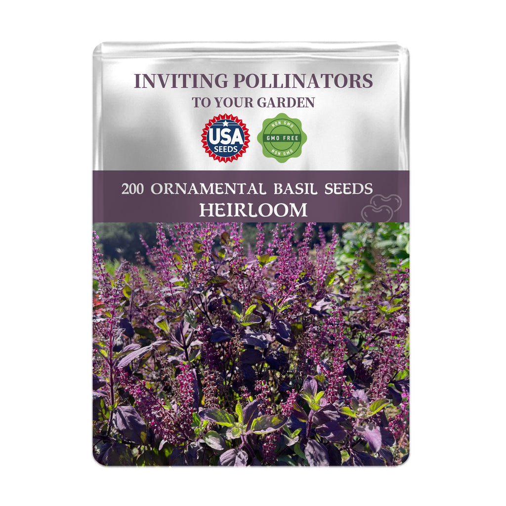 Seeds packet for Purple Ornamental Basil Seeds with purple flowers on a white background
