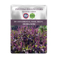 Seeds packet for Purple Ornamental Basil Seeds with purple flowers on a white background