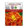 Seed packet for Queen Sophia Marigold Seeds with a red and yellow flower on a white background