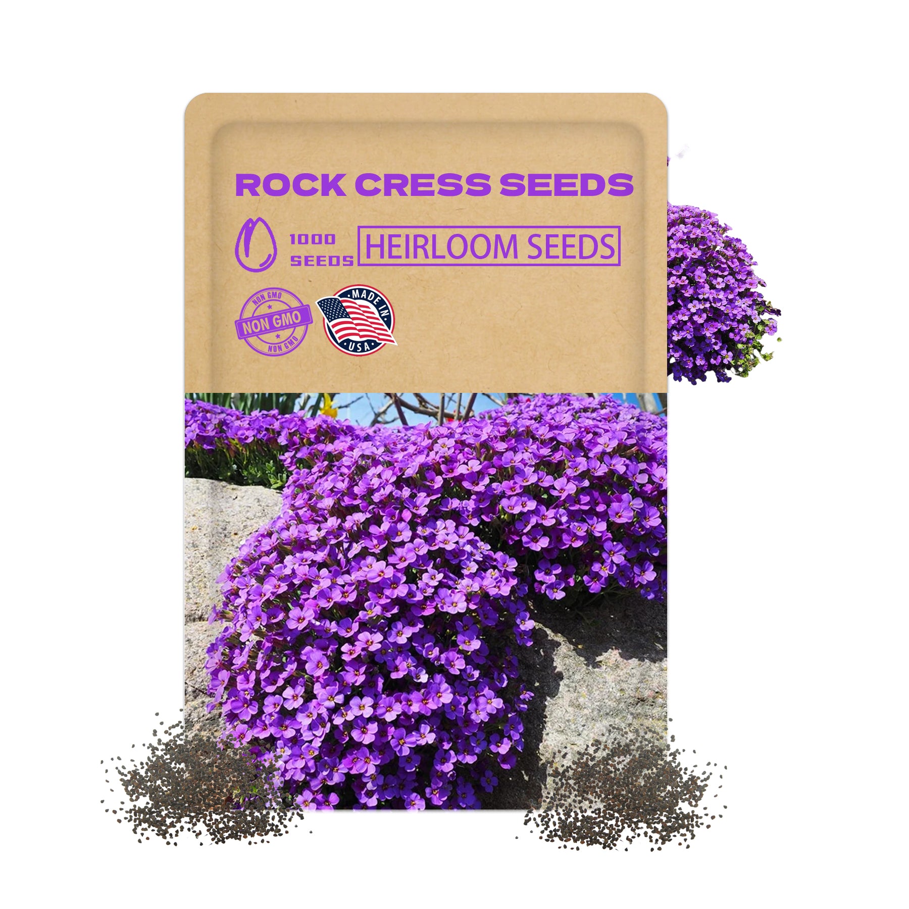 Seed packet for rock cress seeds with purple flowers and 'Heirloom Seeds' text.