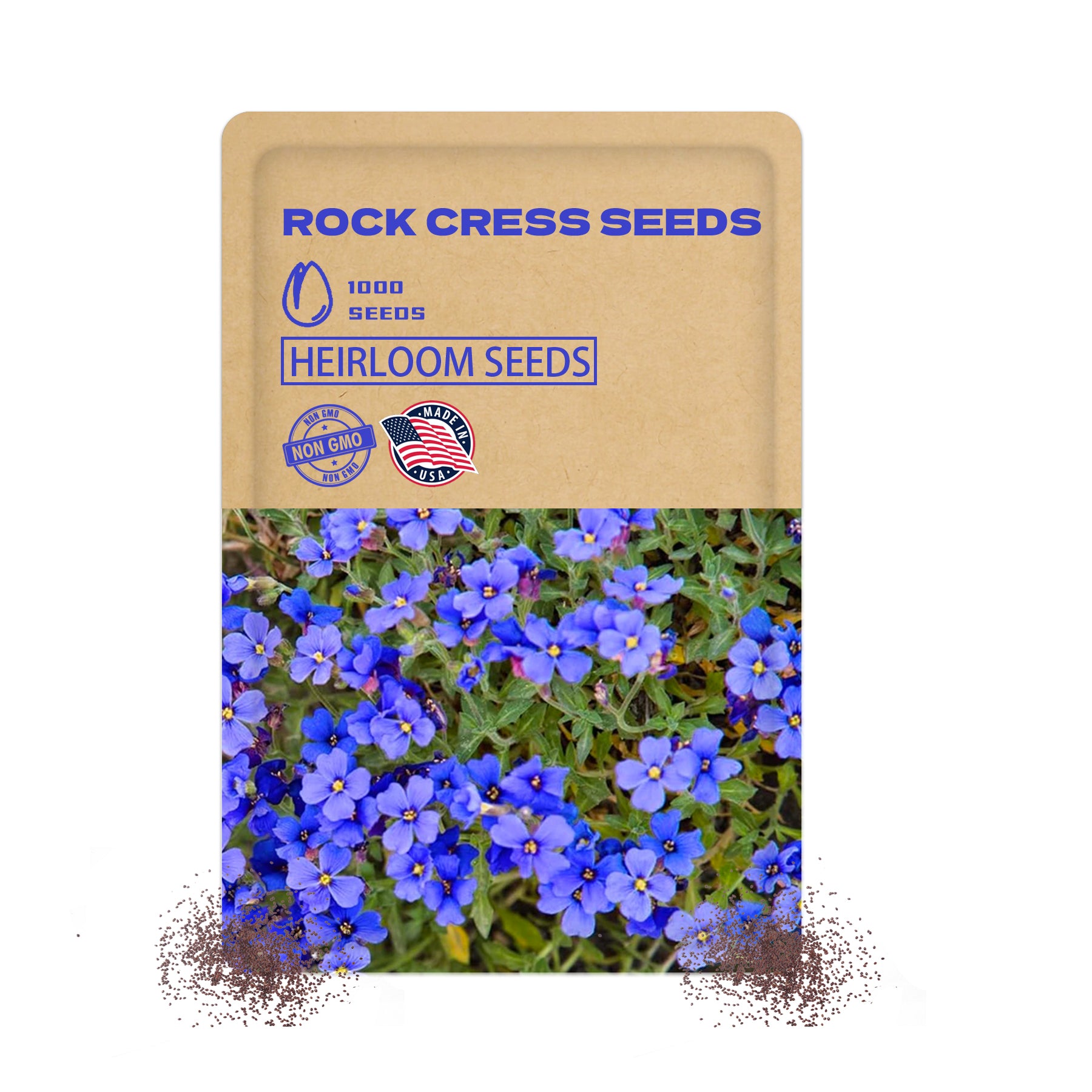 Seed packet for rock cress seeds with blue flowers on a white background