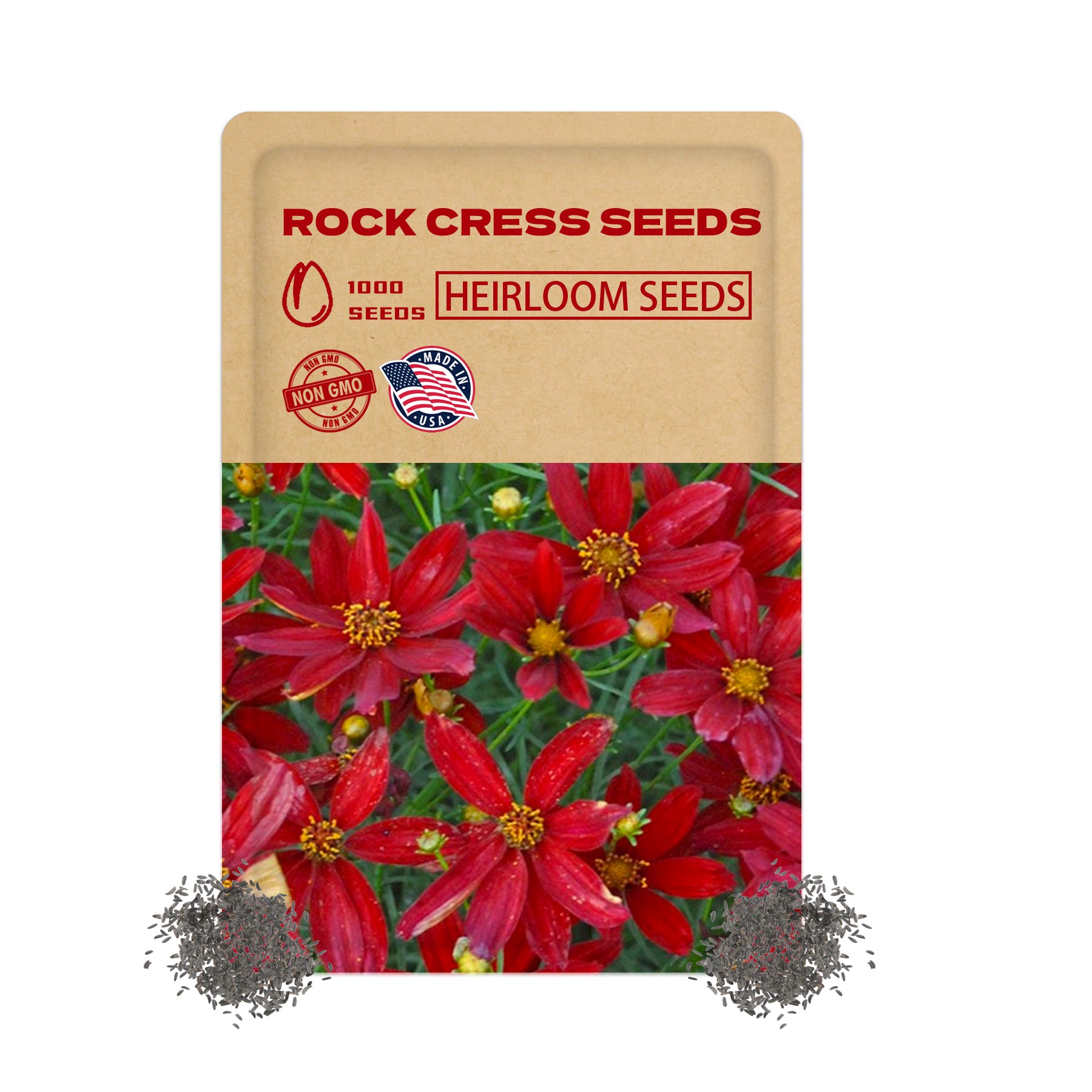 Seed packet for rock cress seeds with red flowers on a white background