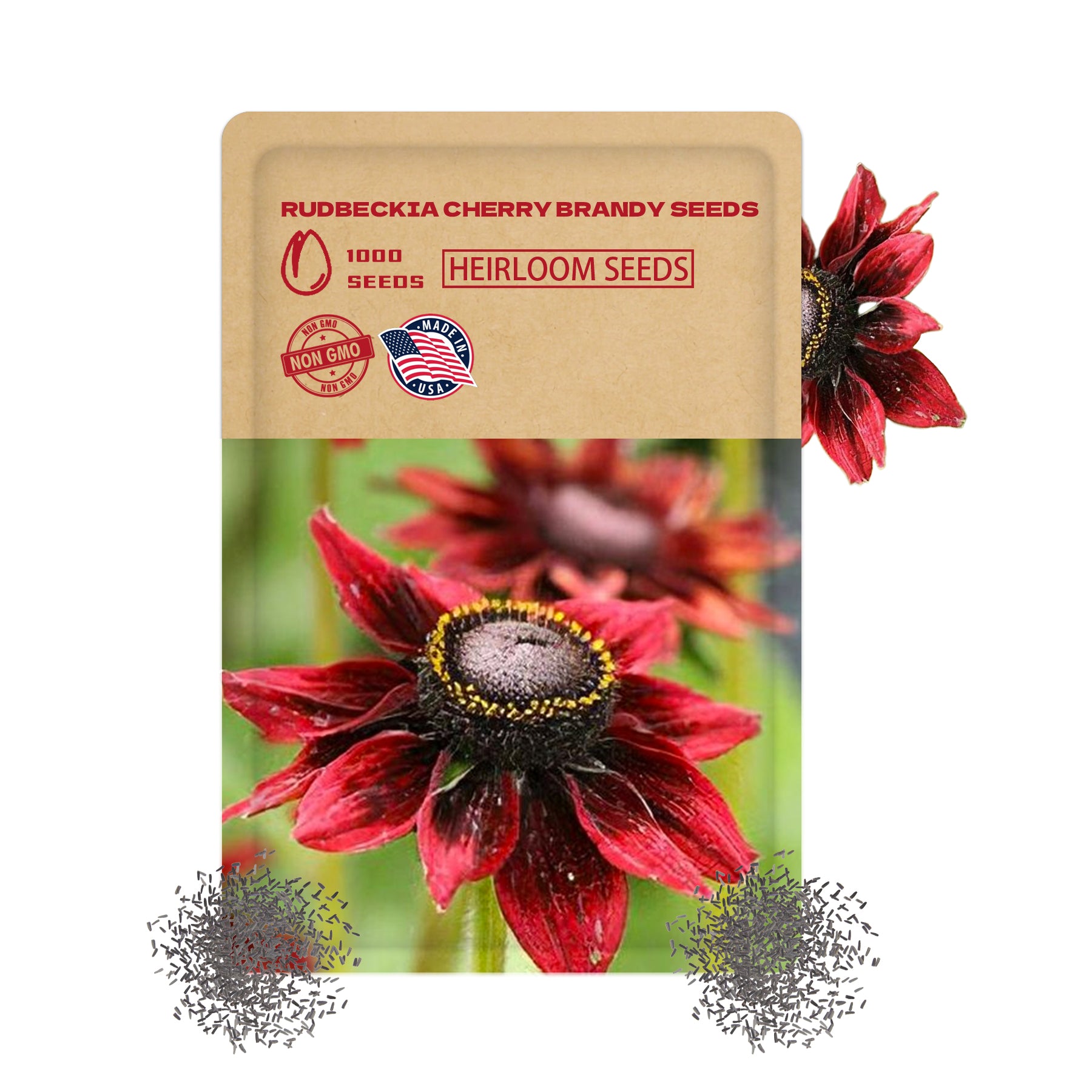 Seed packet for Rudbeckia Cherry Brandy Seeds with red flowers on a white background
