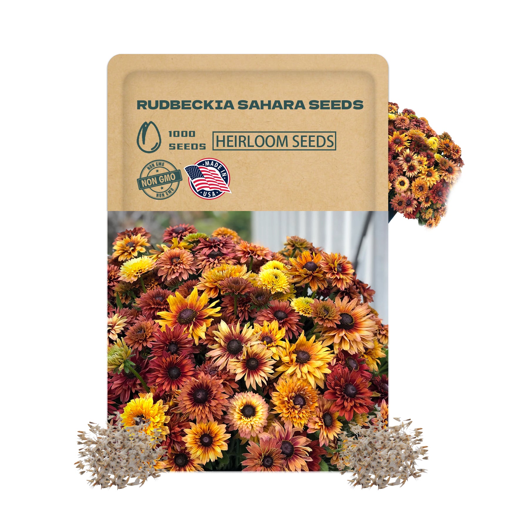 Seed packet for Rudbeckia Sahara Seeds with colorful flowers on a white background