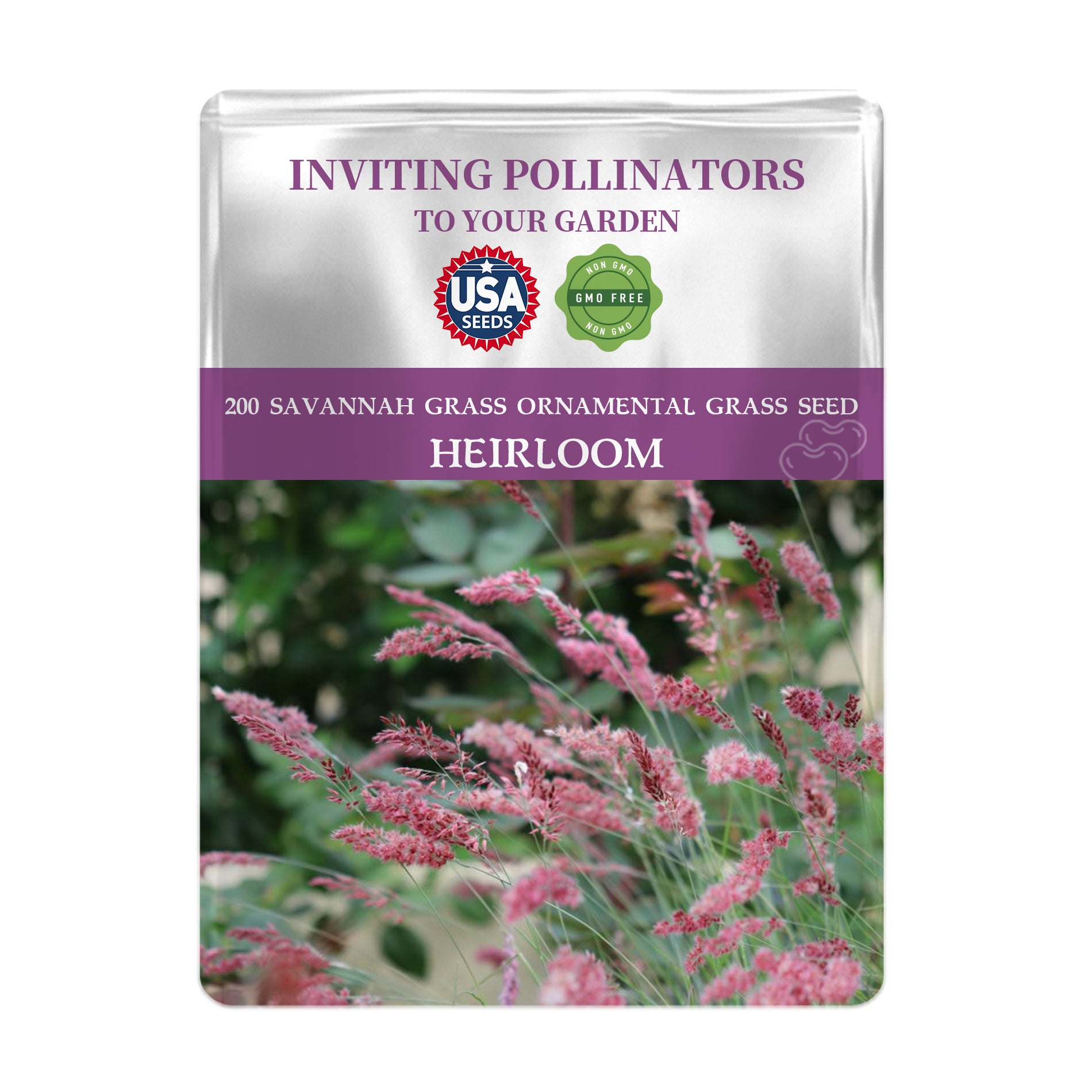 Seeds packet for Savannah Grass Ornamental Grass Seeds with pink flowers on a white background