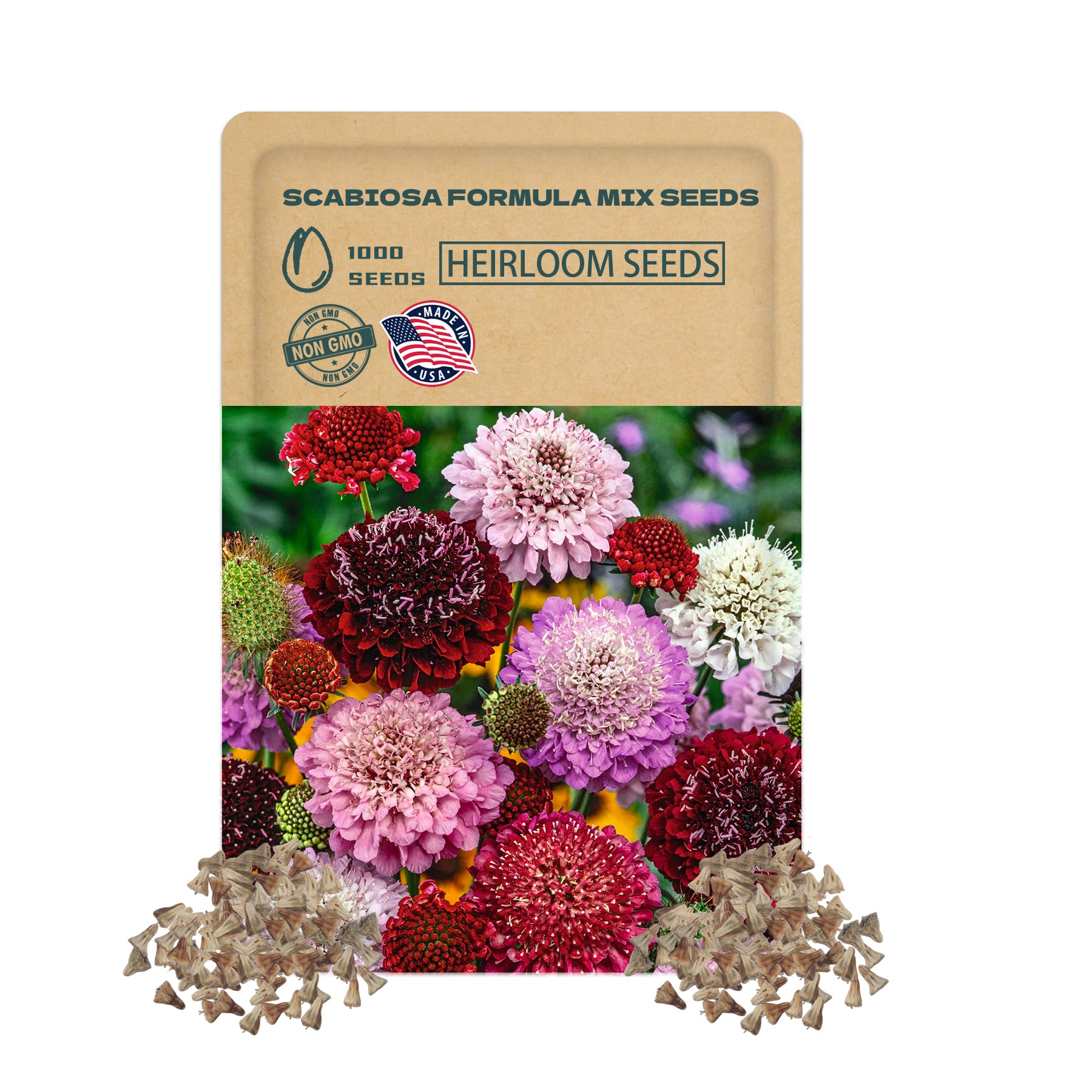 Scabiosa formula mix seeds packet with colorful flowers on a white background