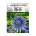 Seeds packet for Sea Holly Thistle Eryngium Seeds with a blue flower on a white background