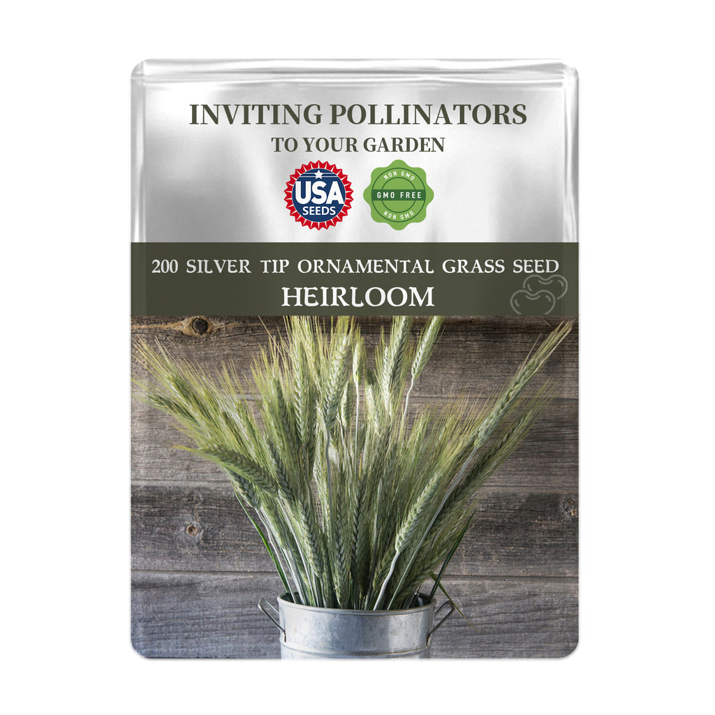 Seeds packet for Silver Tip Ornamental Grass Seeds with USA Seeds logo on a wooden background