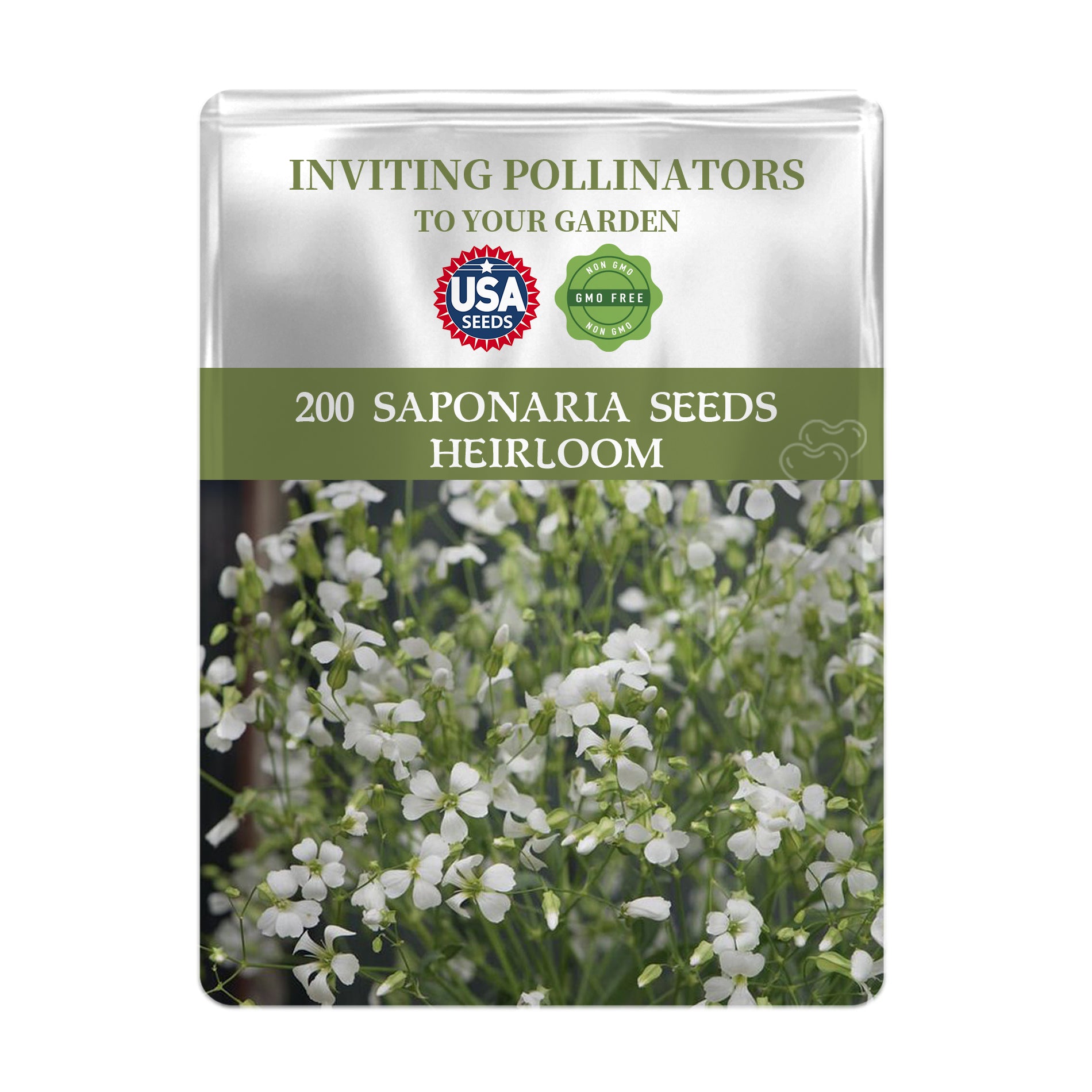 Seeds packet for Saponaria seeds with USA Seeds branding and flower image on a white background