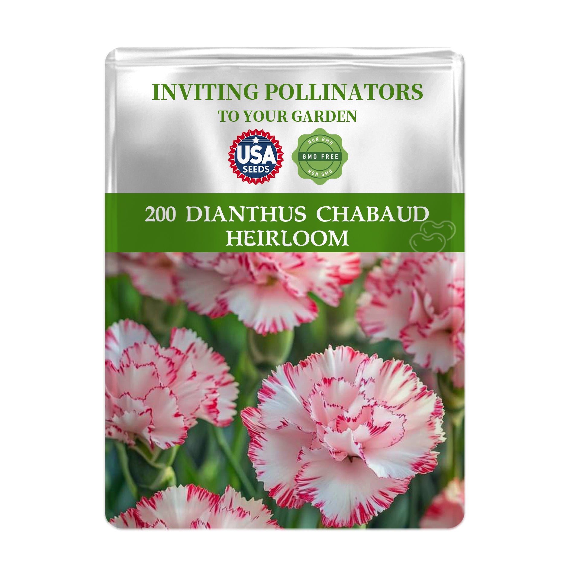 Sweet William Dianthus Seeds packet for Dianthus Chabaud with pink and white flowers on a white background