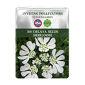 Seeds packet for Orlaya seeds with white flowers on a green background