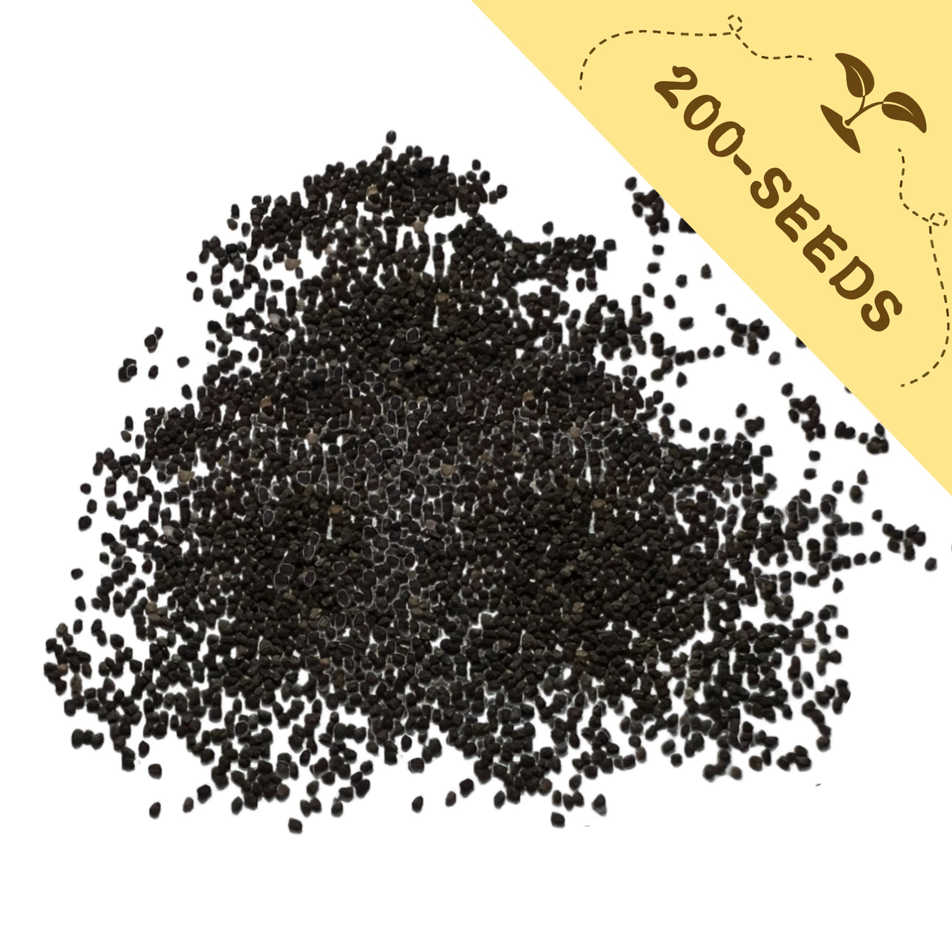Pile of Tall Antirrhinum Snapdragon Seeds with a yellow label indicating '200-seeds' on a white background