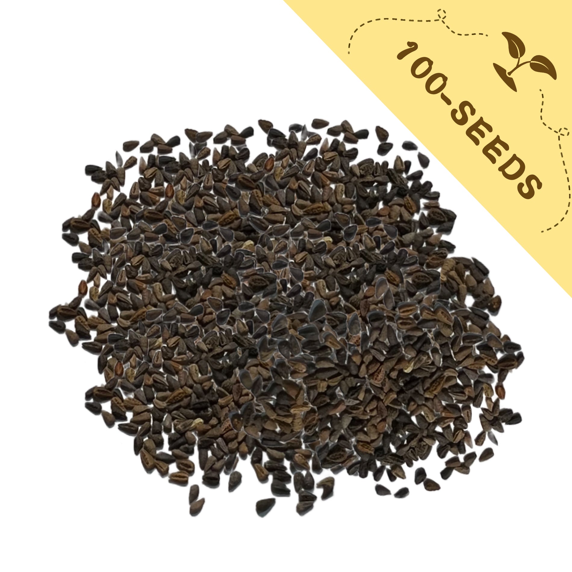 Pile of Double Rose Varieties Lisianthus Seeds with a yellow label indicating '100-seeds' on a white background