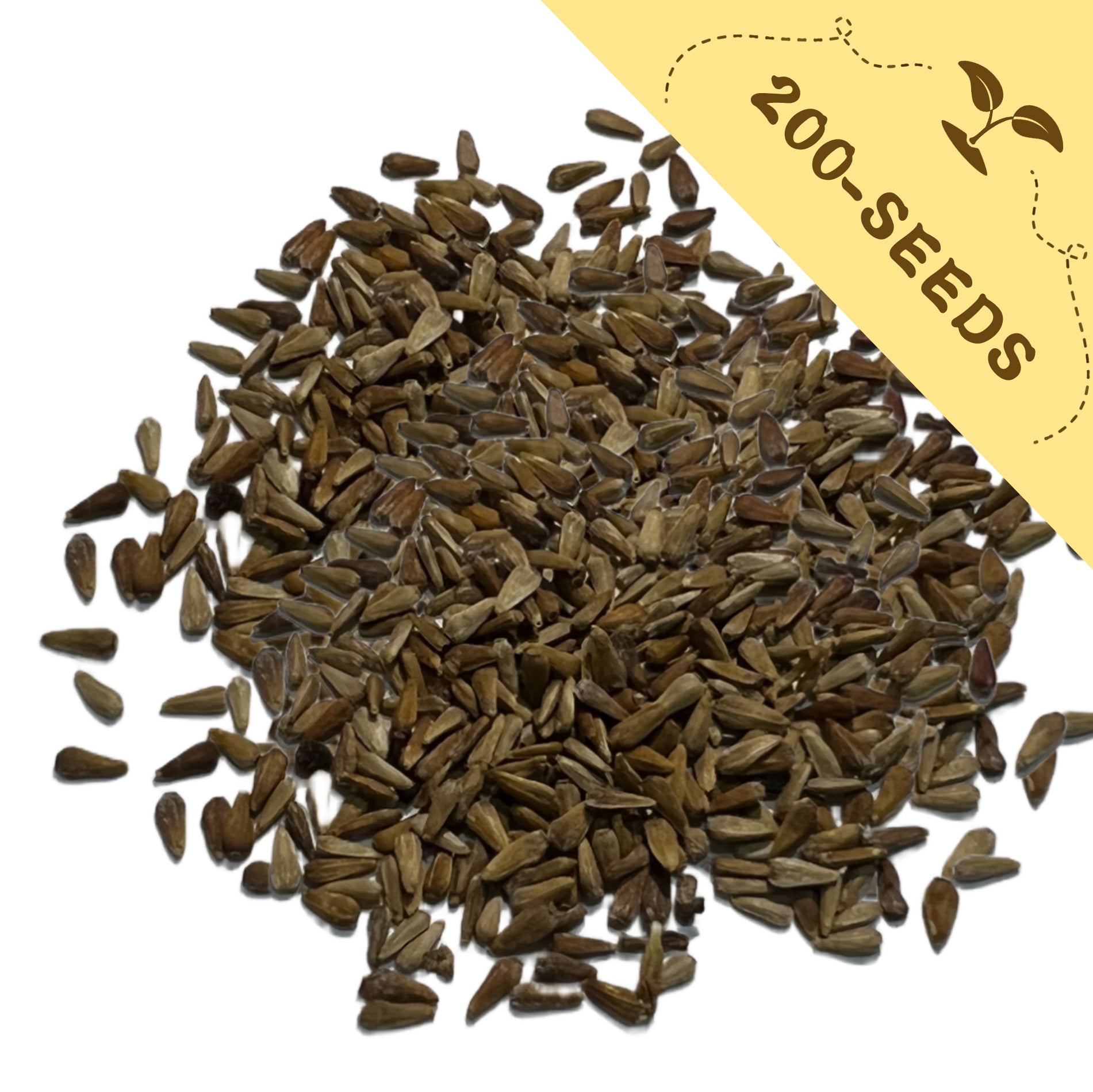 Pile of Mix Tall China Aster Seeds with a yellow label indicating '200-seeds' on a white background