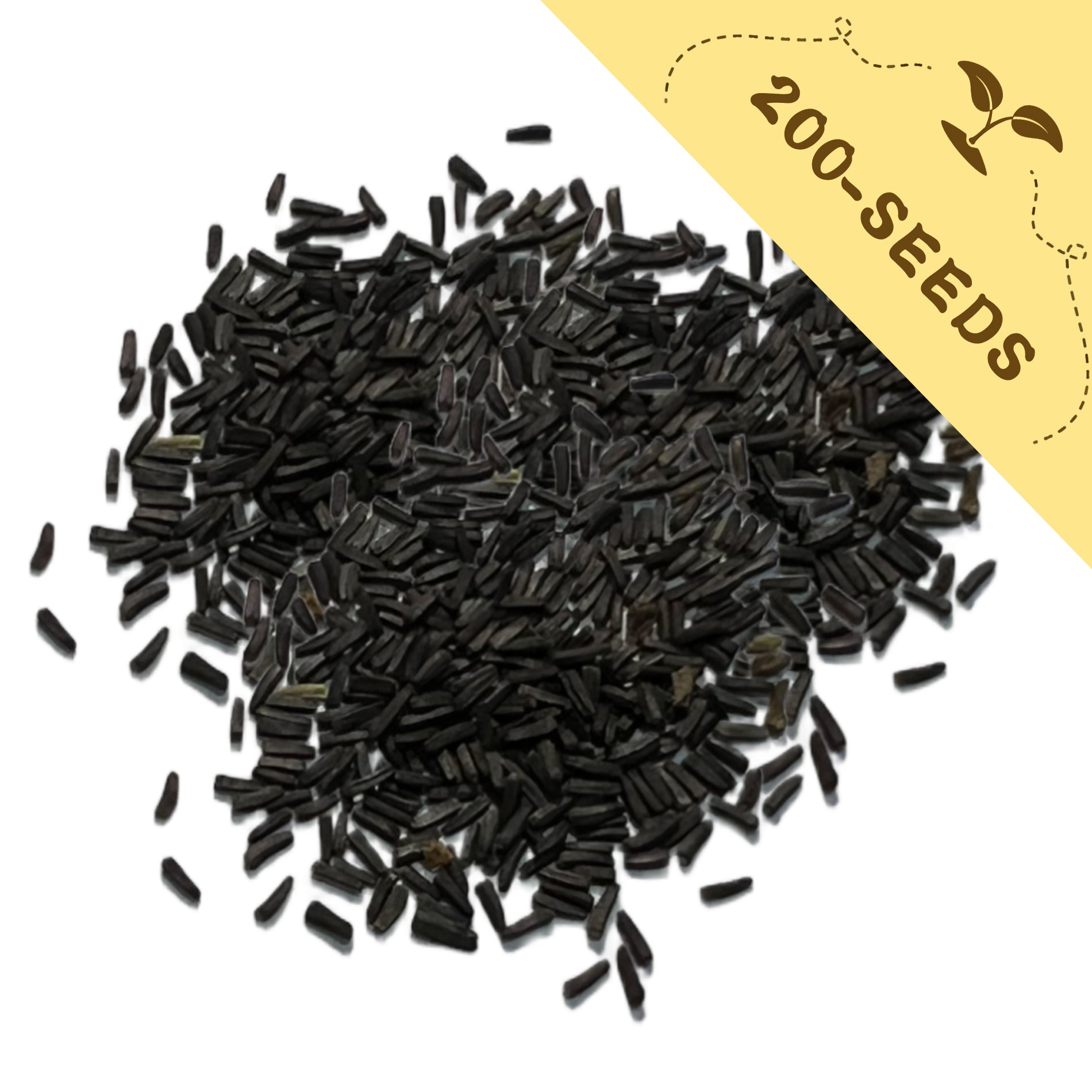 Pile of Black-Eyed Susan Rudbeckia Seeds with a yellow label indicating '200-seeds' on a white background