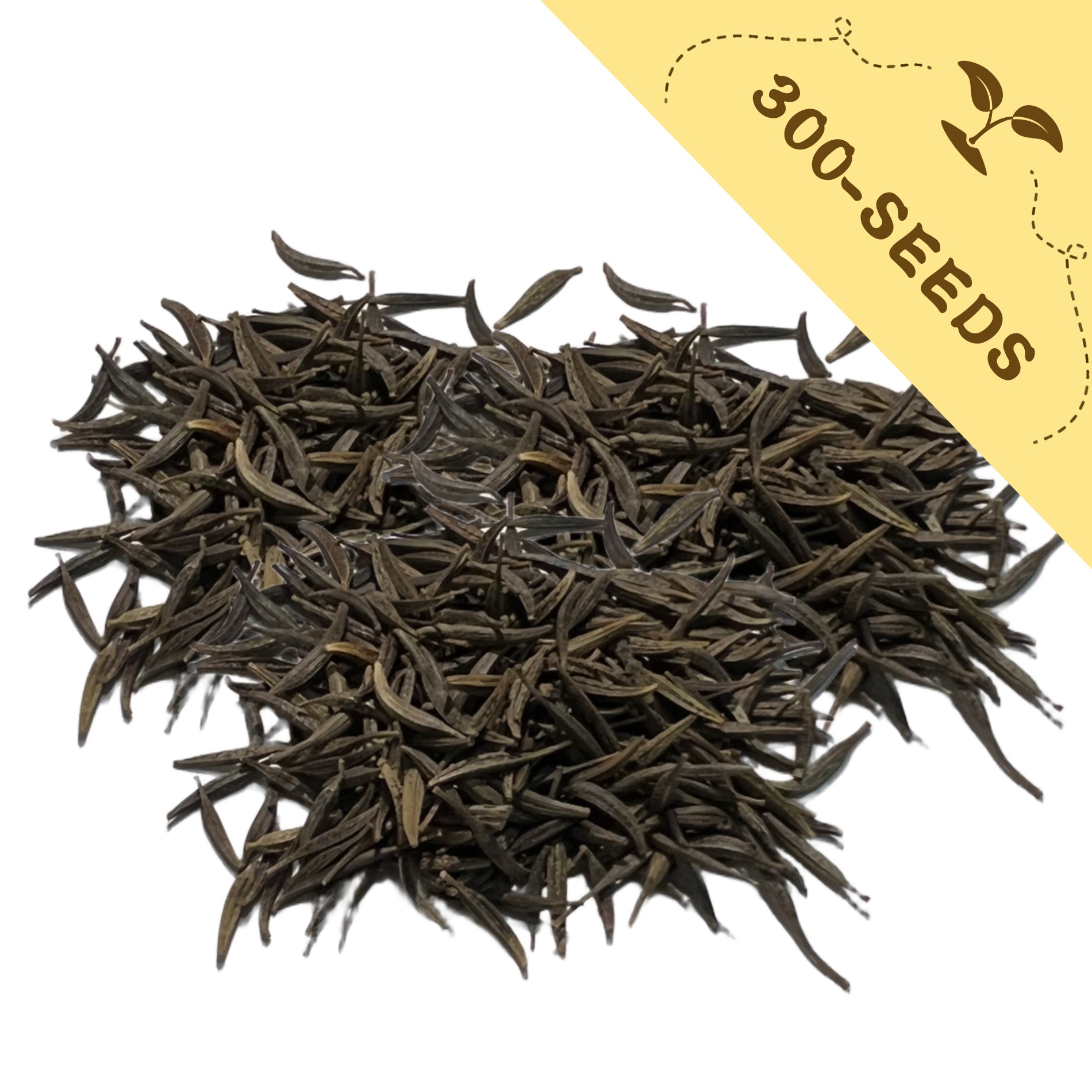 Heap of Mexican Aster Cosmos Seeds with a yellow label indicating '300-seeds' on a white background