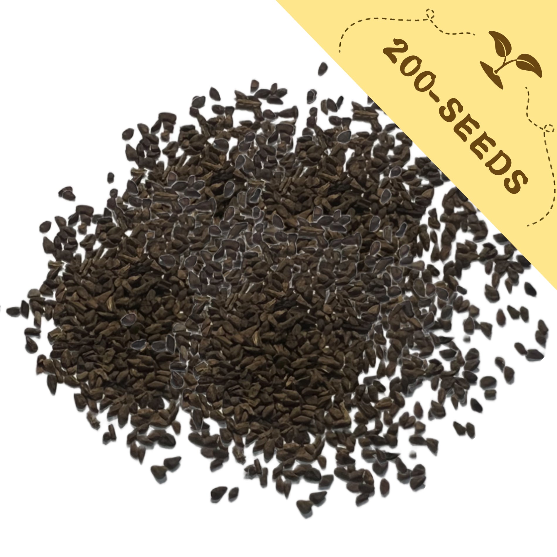 Pile of Mountain Garland Clarkia Seeds with a yellow label indicating '200-seeds' on a white background