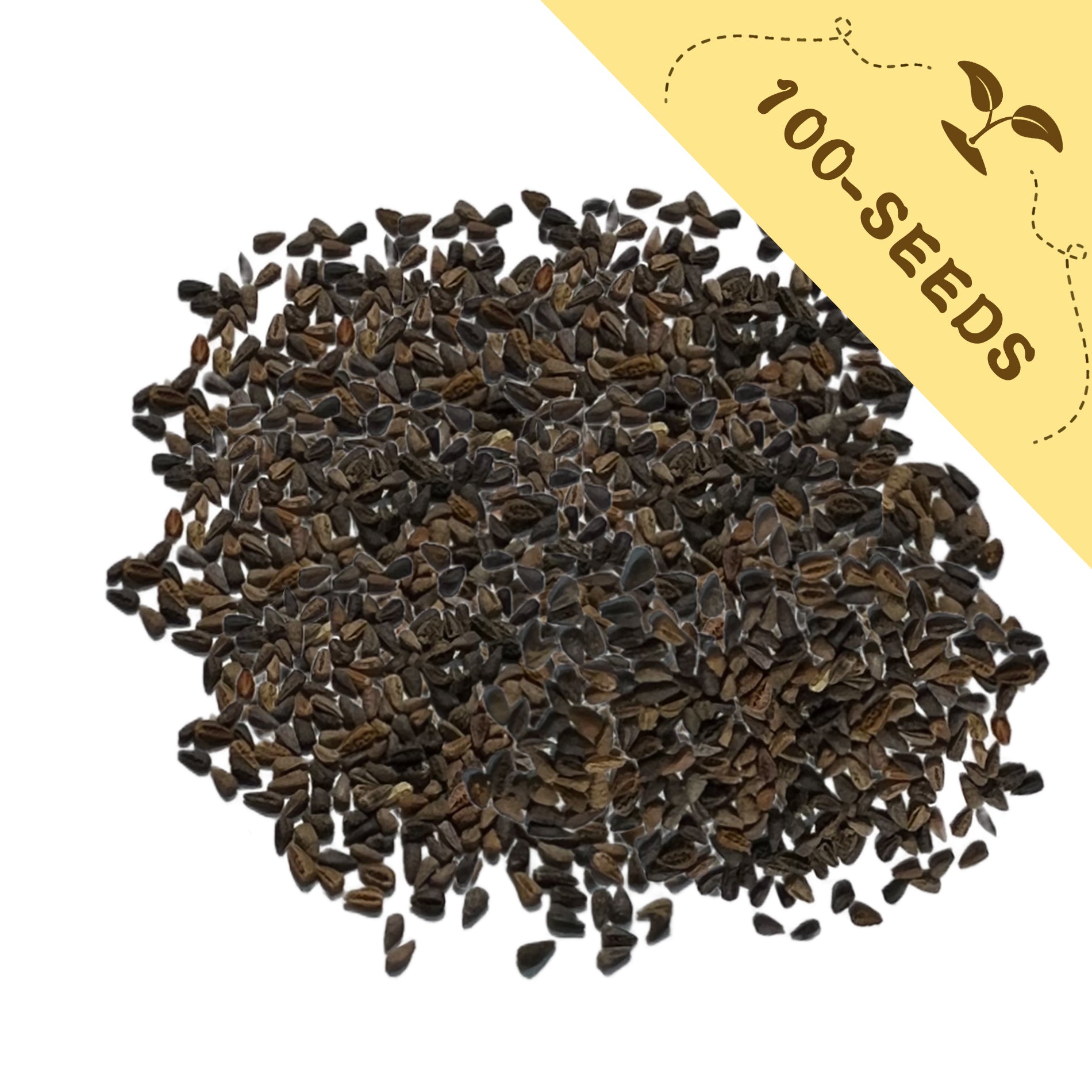 Pile of Double Rose Varieties Lisianthus Seeds with a yellow label indicating '100-seeds' on a white background