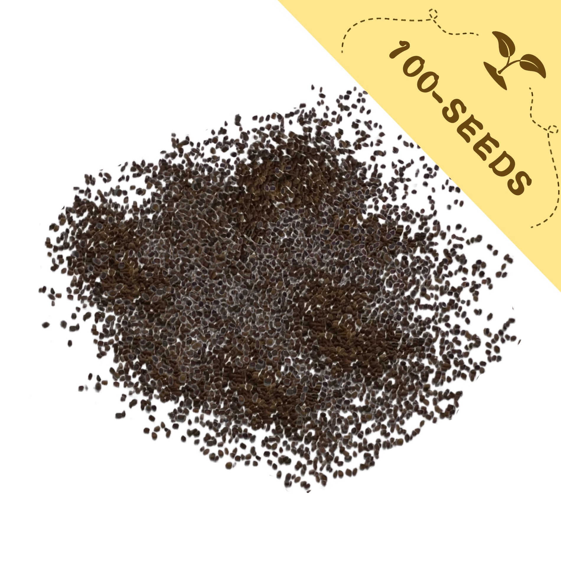 Heap of Foxglove Spires Digitalis Seeds with a yellow label indicating '100-seeds' on a white background