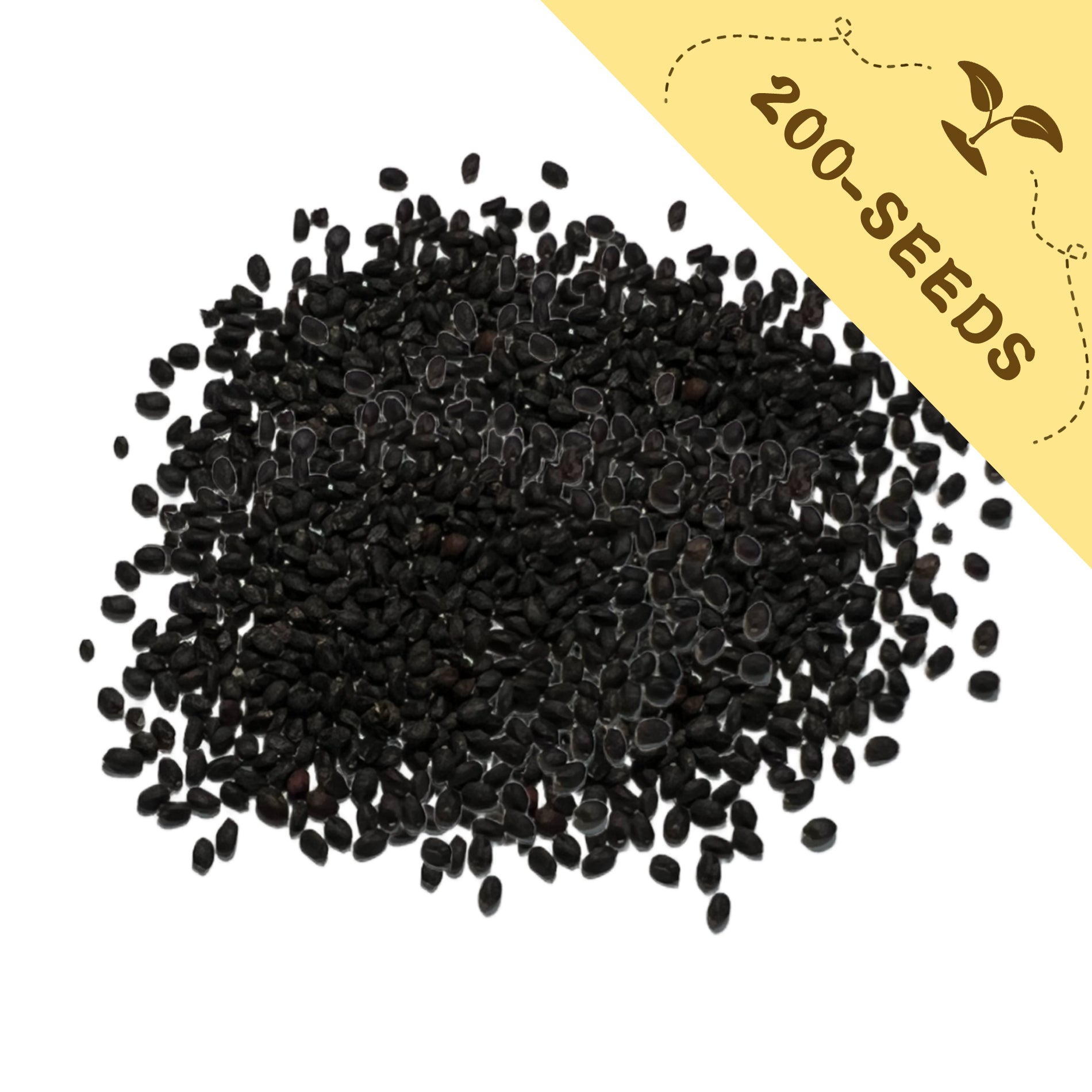Pile of Ornamental Basil Seeds with a yellow label indicating '200-seeds' on a white background