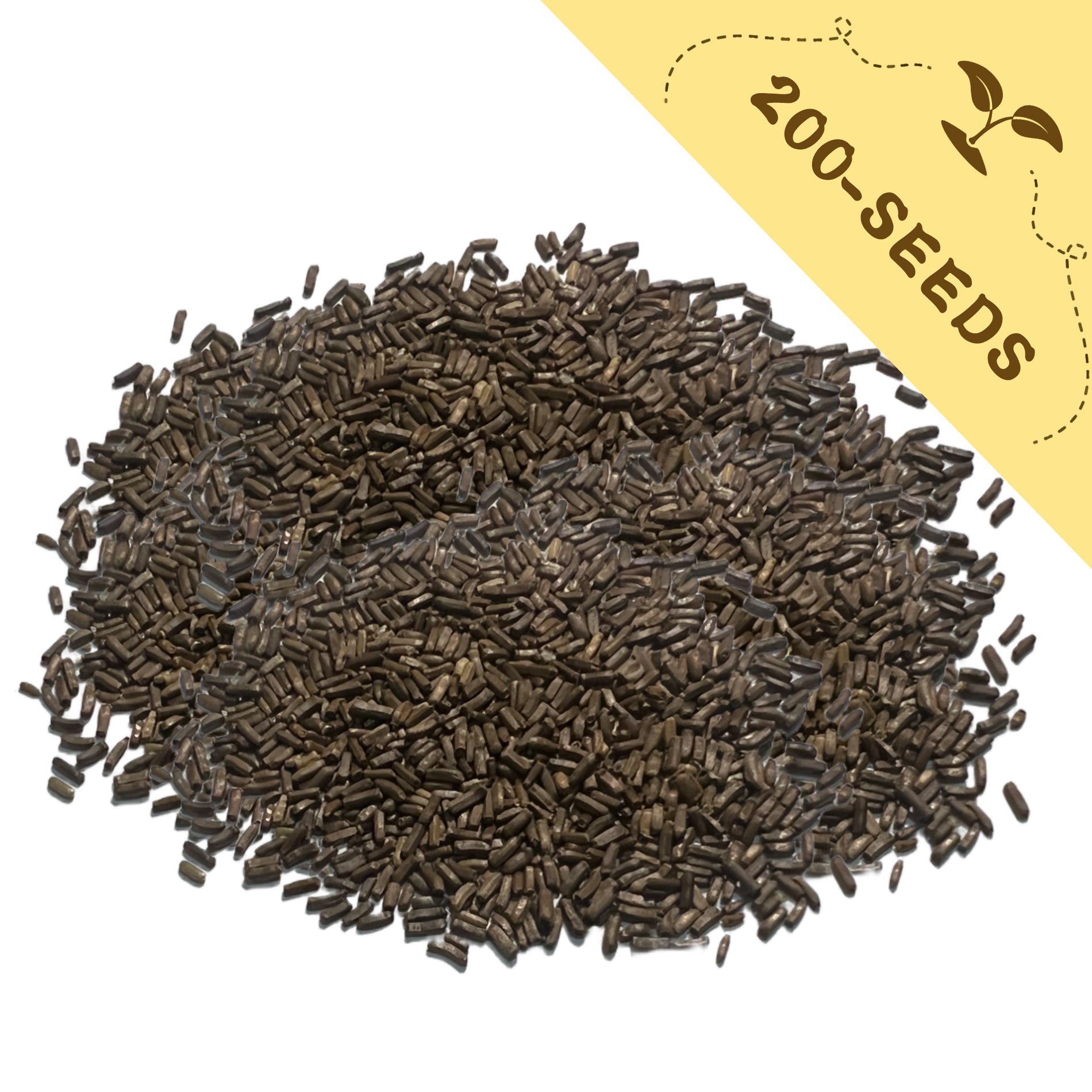 Pile of Everlasting Flower Strawflower Seeds dark seeds with a yellow label indicating '200-seeds' on a white background
