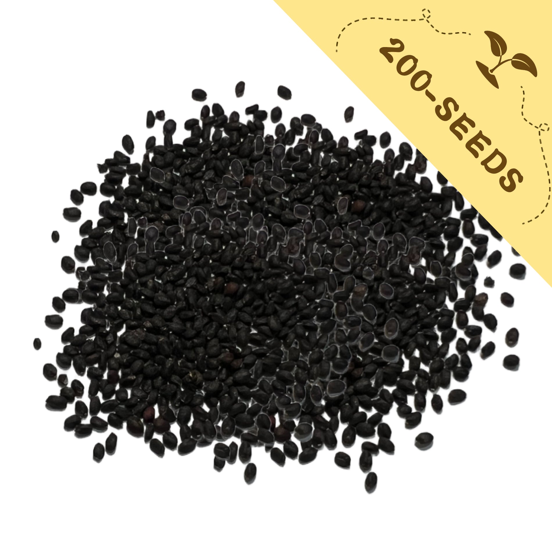 Pile of Ornamental Basil Seeds with a yellow label indicating '200-seeds' on a white background