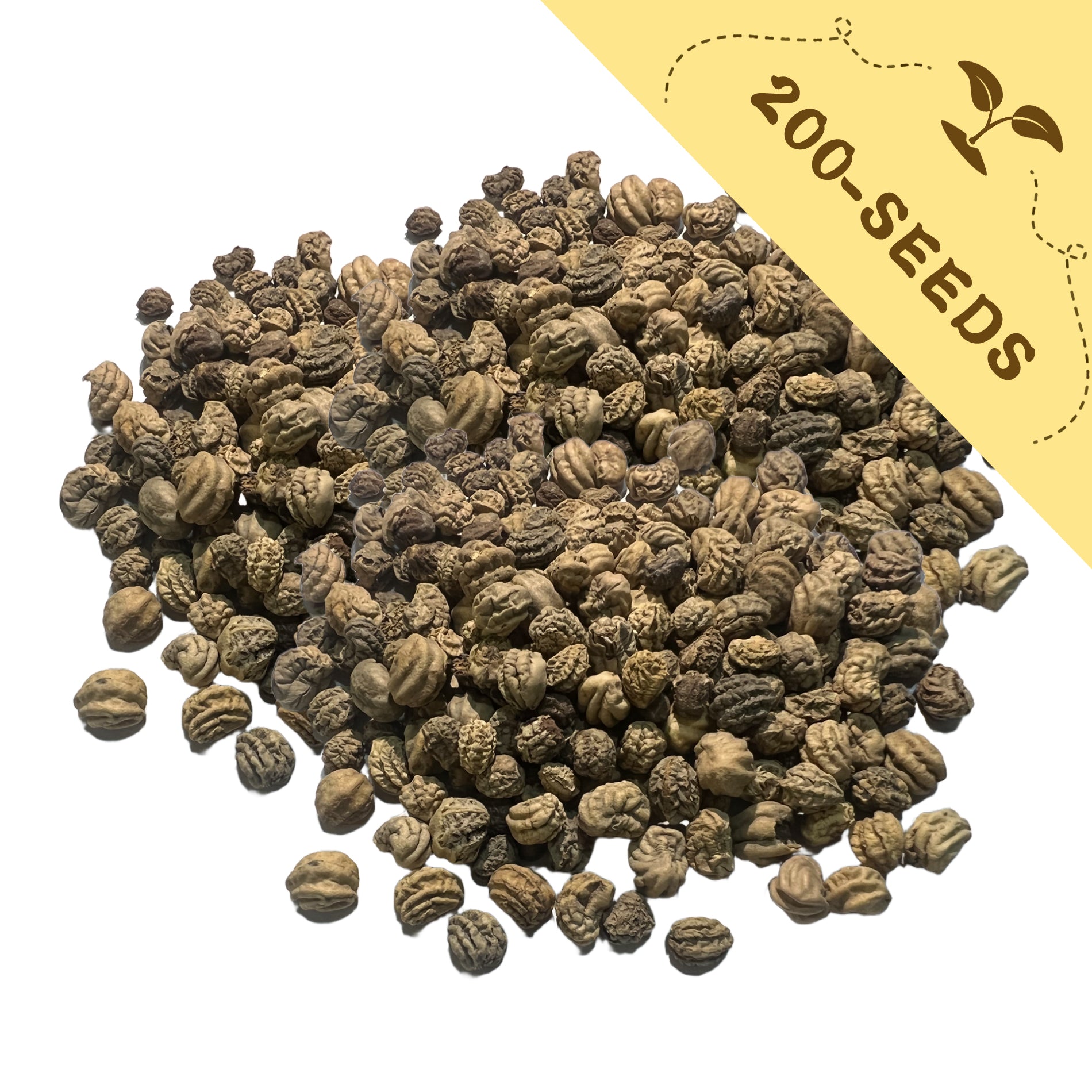 Pile of Indian Cress Nasturtium Seeds with a yellow label indicating '200-seeds' on a white background
