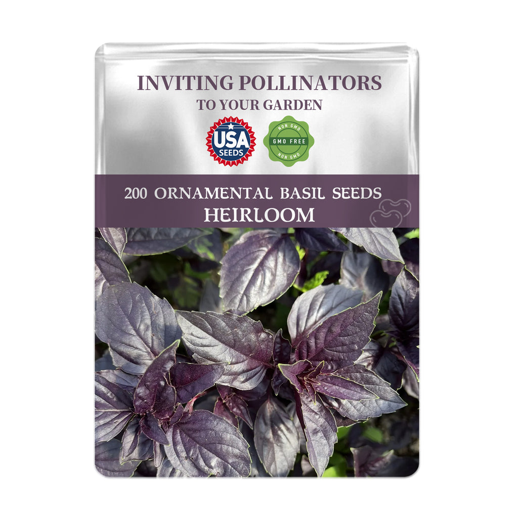 Seeds packet for Ornamental Basil Seeds with purple leaves on a white background