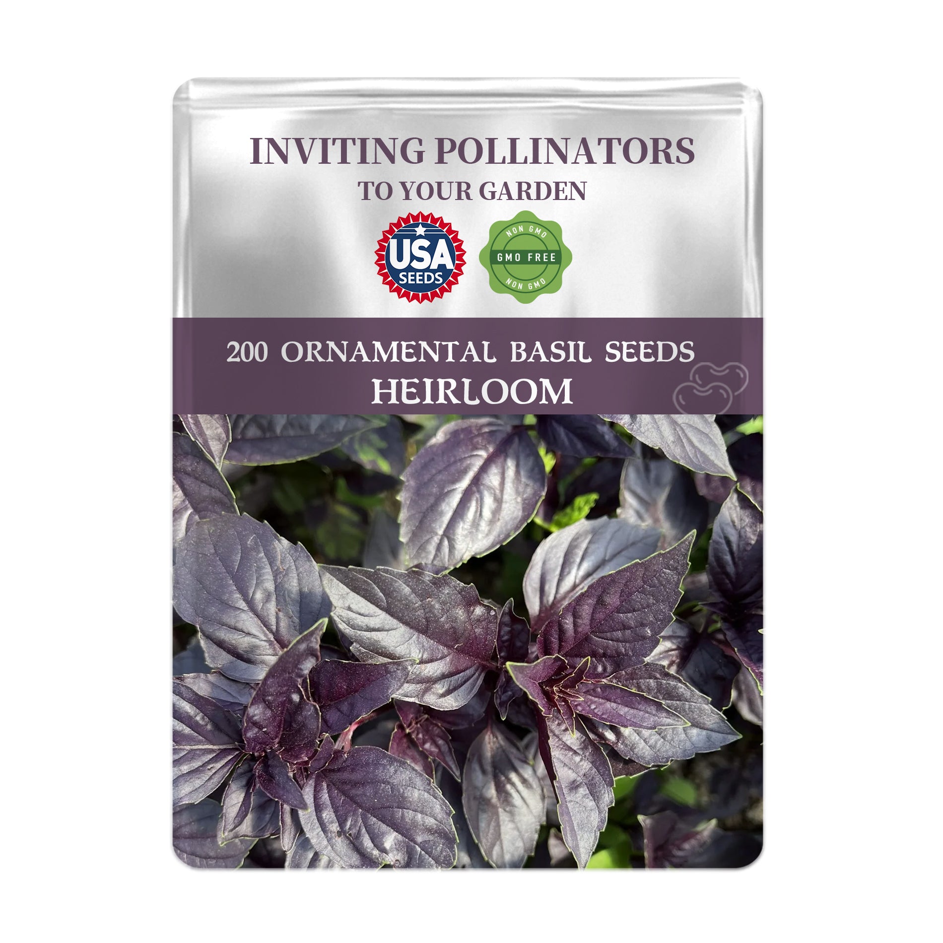 Seeds packet for Ornamental Basil Seeds with purple leaves on a white background