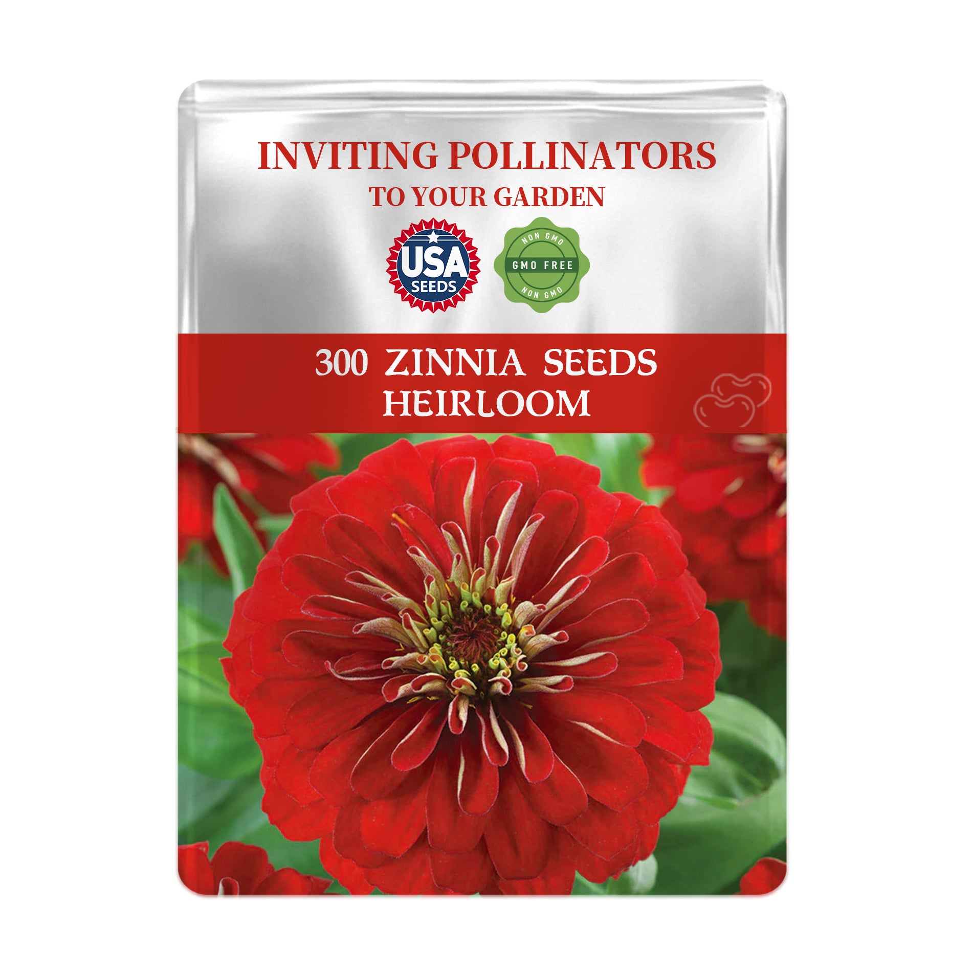 Seed packet for 300 Zinnia seeds with a red flower on a white background
