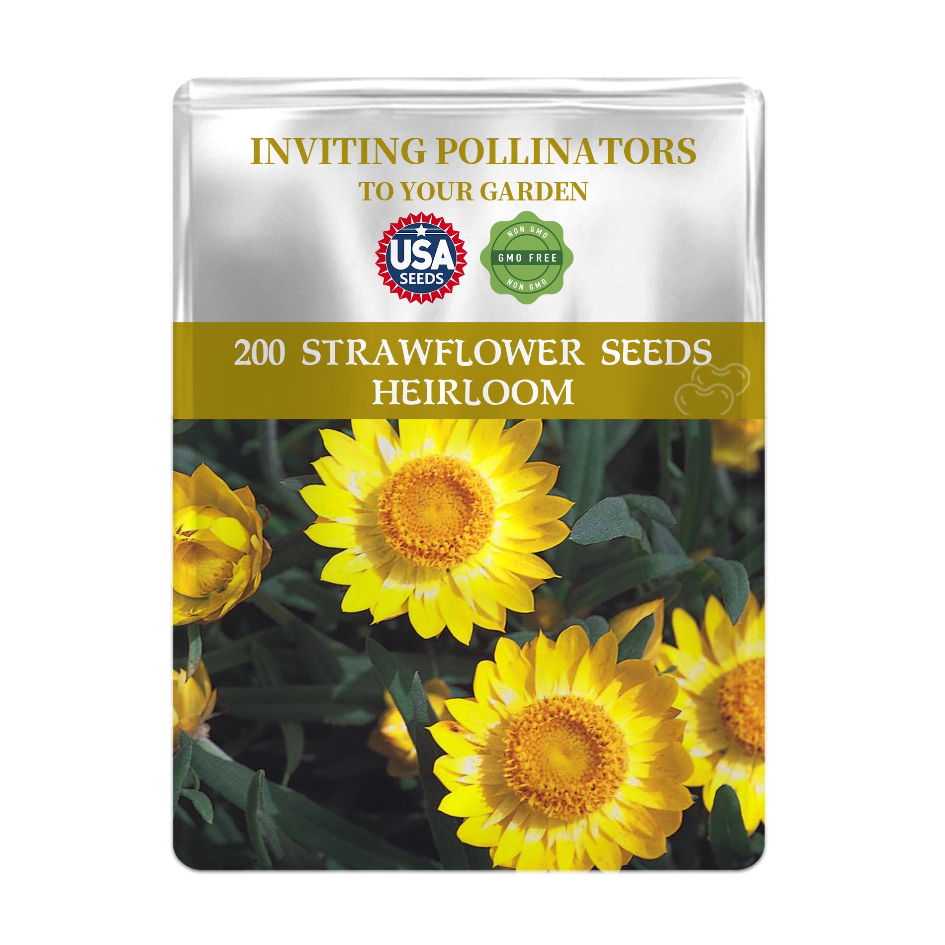 Seeds packet for 200 strawflower seeds with USA Seeds branding on a white background